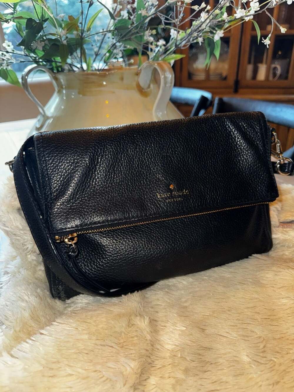 Kate Spade New York Black Leather Fold-Over Crossbody Bag